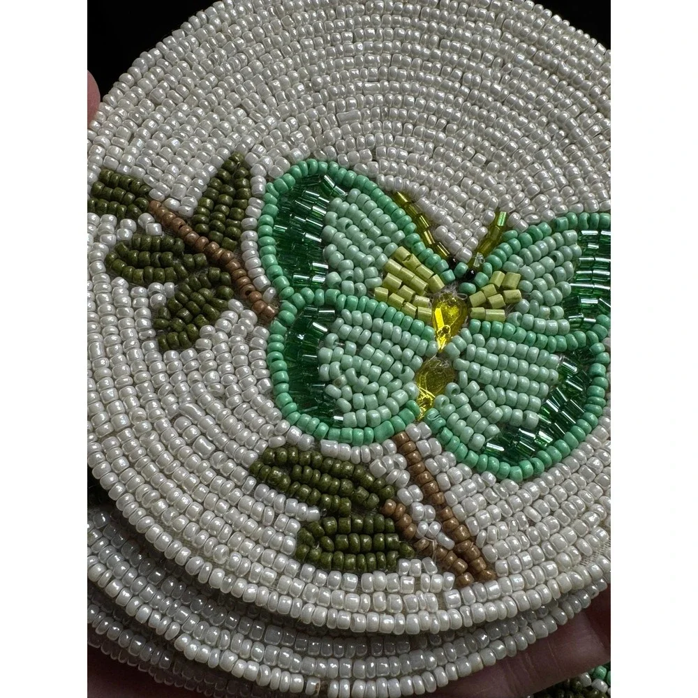 Green Butterfly Hand Beaded Coaster Set of 4 with Matching Beaded Storage Box
